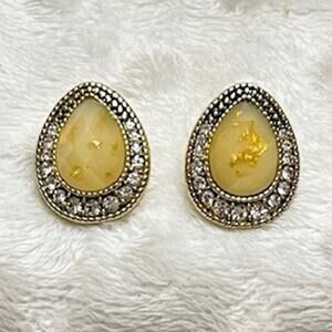 Vintage Yellow Aventurine Stone, CZs, Gold Plated Pear Shaped Earrings-RARE